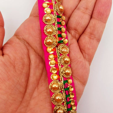 Fuchsia Pink Fabric Embroidered Trim with Gold Beads, Decorative Sari Trim, Trim By 3 Yards